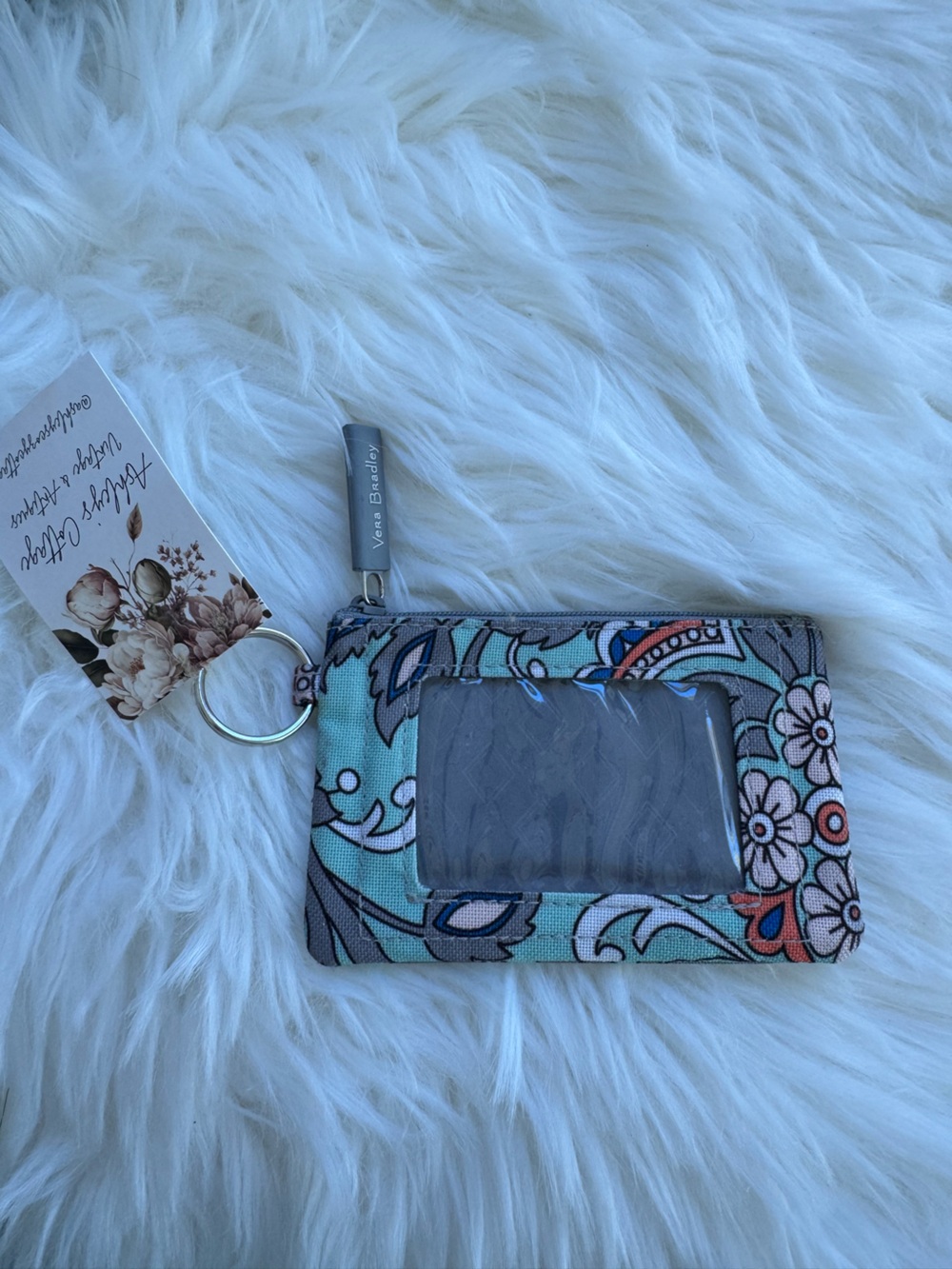 Vera Bradley Aqua Floral Paisley ID Case with Key Ring